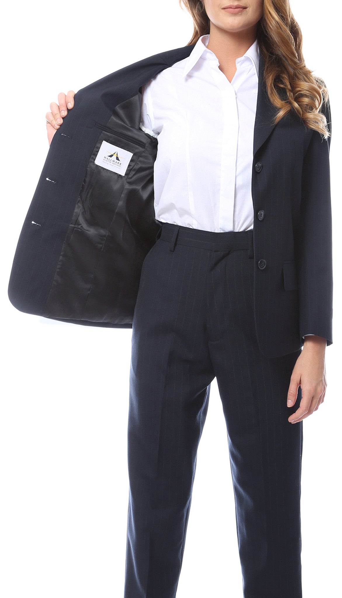 Womens Navy Pinstripe Business Casual Uniform Blazer