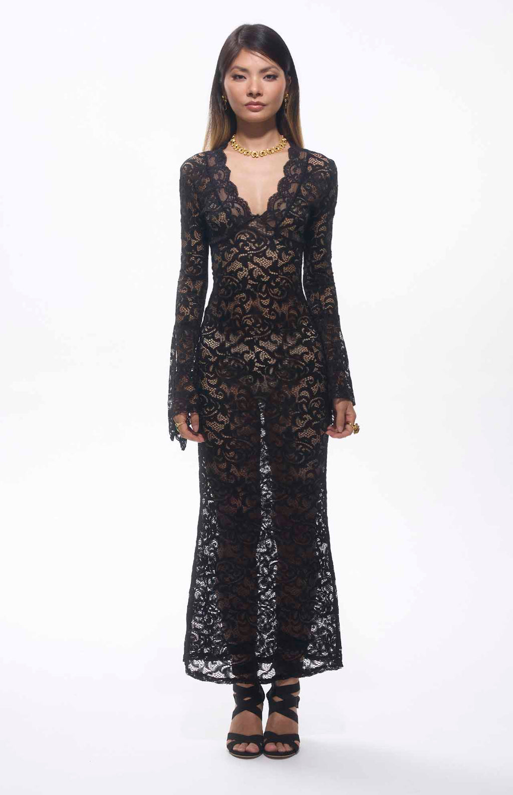 Sekna V-Cut Floral Lace Maxi Dress Black