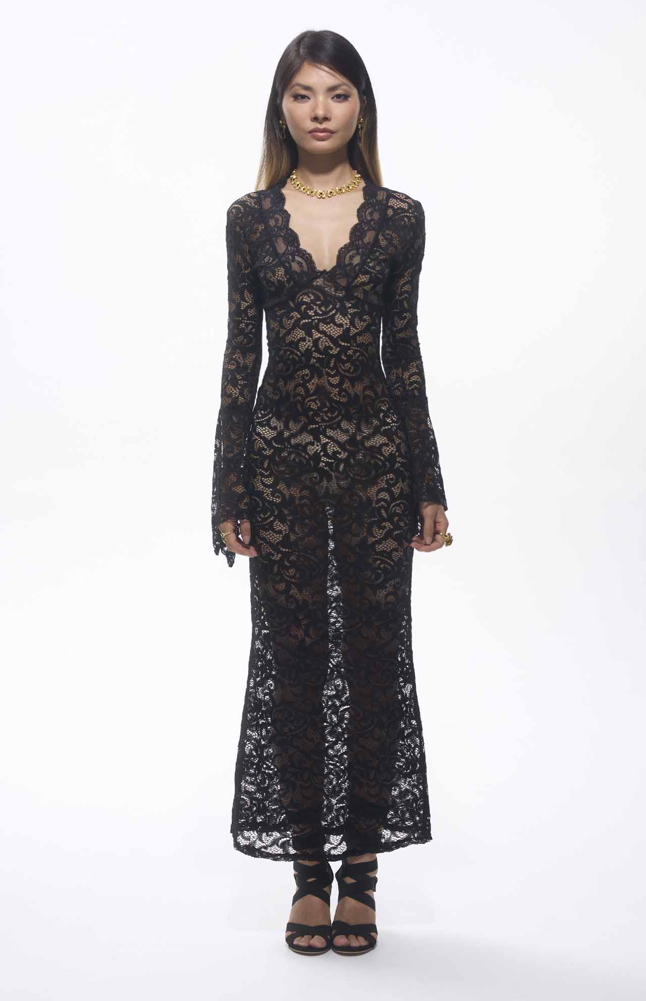 Sekna V-Cut Floral Lace Maxi Dress Black