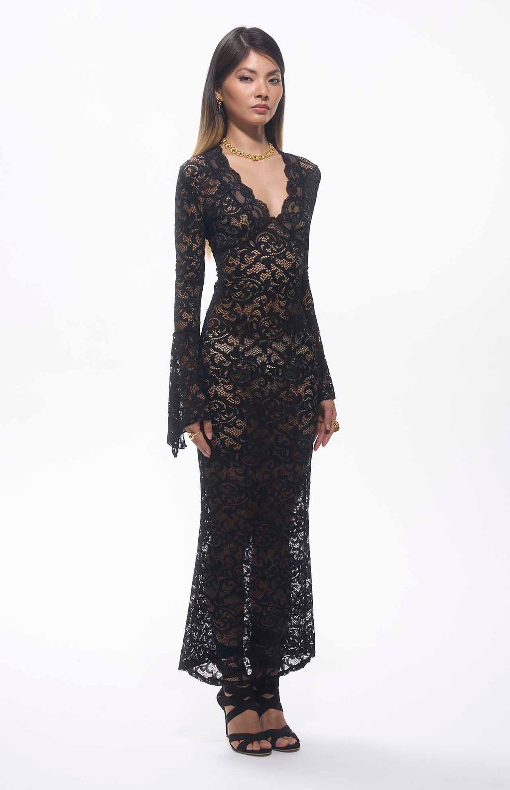 Sekna V-Cut Floral Lace Maxi Dress Black