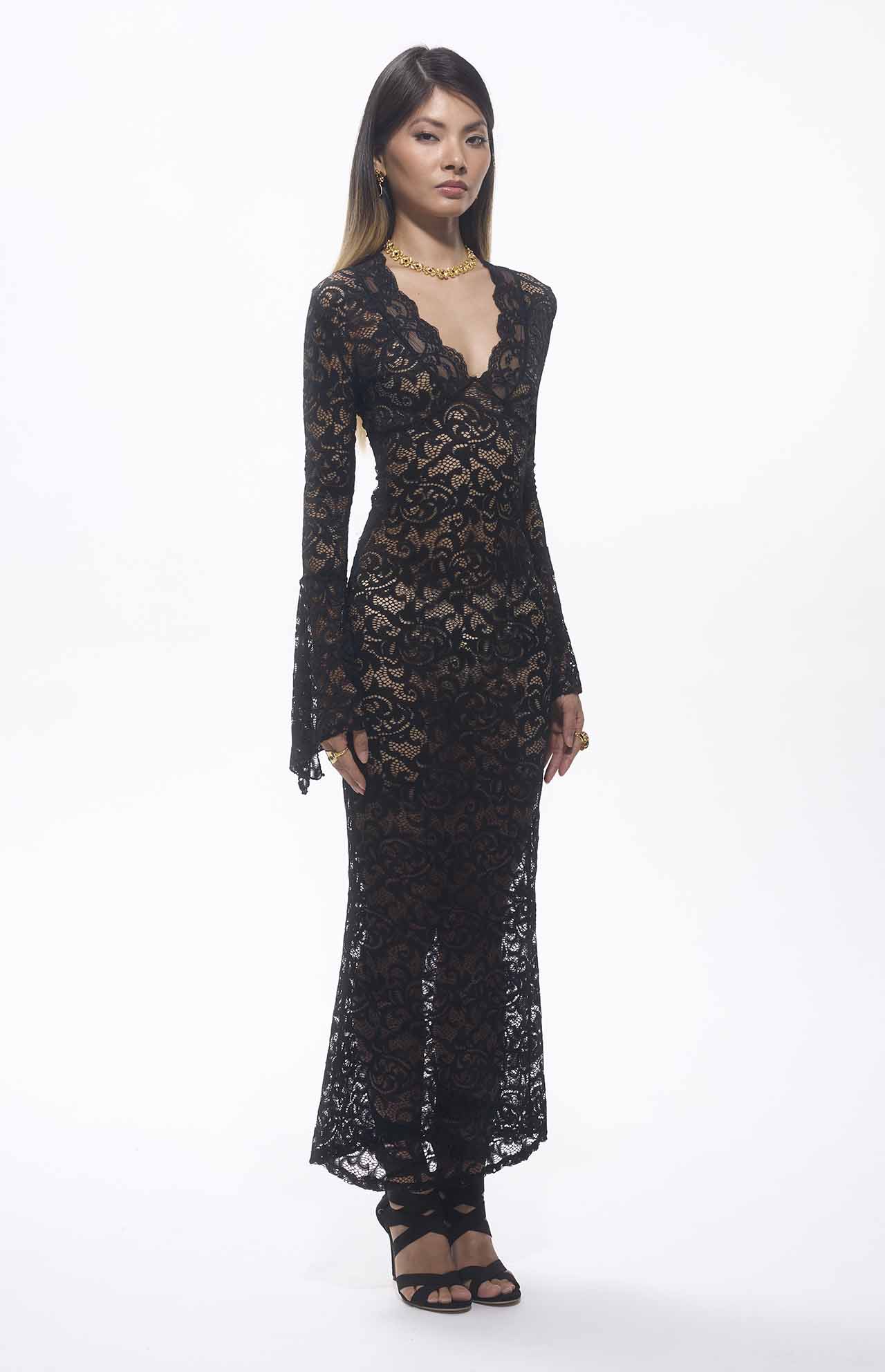 Sekna V-Cut Floral Lace Maxi Dress Black