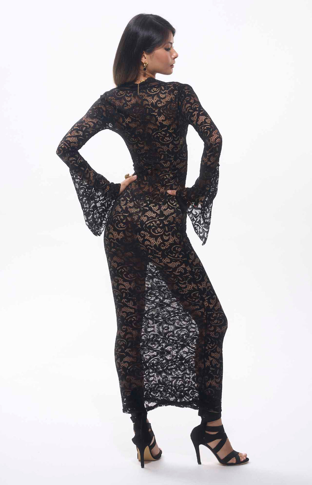 Sekna V-Cut Floral Lace Maxi Dress Black