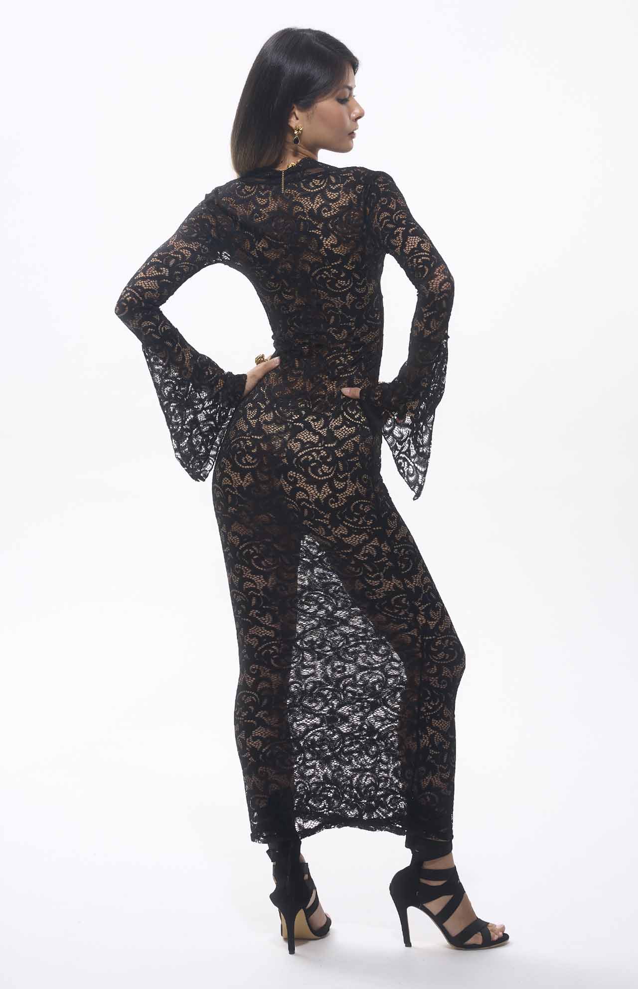 Sekna V-Cut Floral Lace Maxi Dress Black